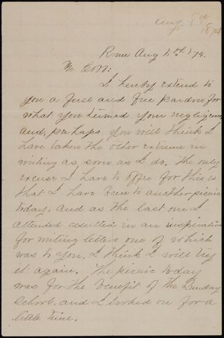 Minnie A. Bingham to Mr. Cobb Letter, August 5, 1874