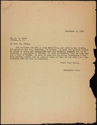 Charlotte White to Mr. Dodge Letter, September 1, 1938