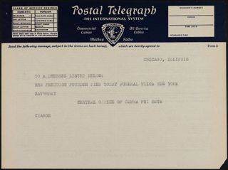 Central Office of Gamma Beta Phi to Collegiate Chapters Telegram, October 21, 1937