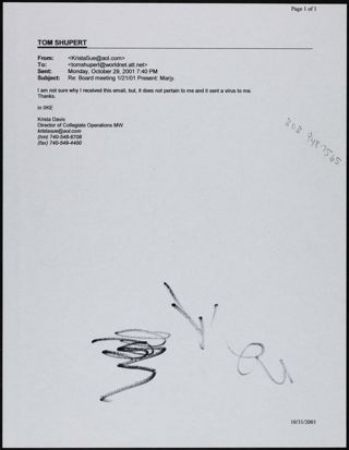 Krista Davis to Tom Shupert Email, October 29, 2001