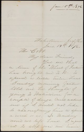 Minnie Bingham to Mr. Cobb Letter, January 14, 1876