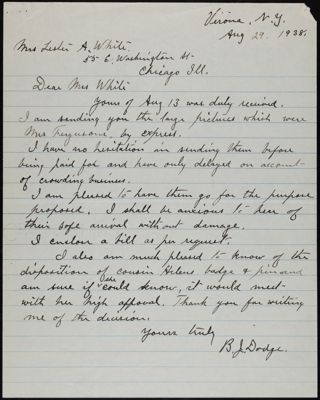 B.J. Dodge to Mrs. White Letter, August 29, 1938