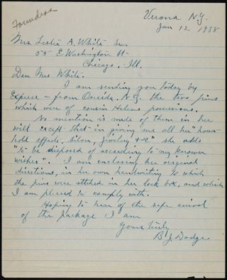 B.J. Dodge to Mrs. White Letter, January 12, 1938