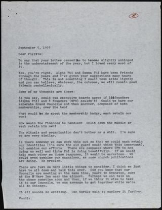Unknown to Phyllis Selig Letter, September 5, 1976
