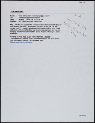 Carol Blanchard to Tom Shupert Email, October 29, 2001