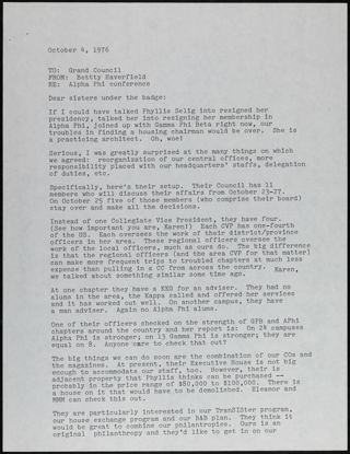 Betty Haverfield to Grand Council Memo, October 4, 1976