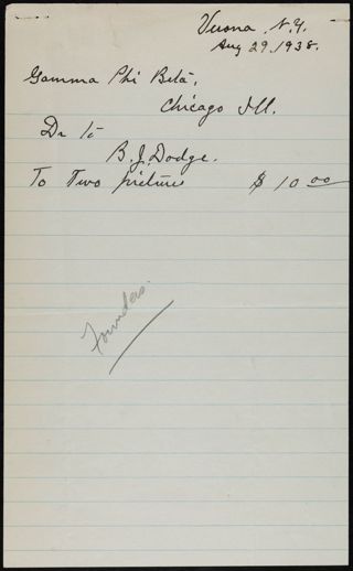 B.J. Dodge to Gamma Phi Beta Note, August 29, 1938