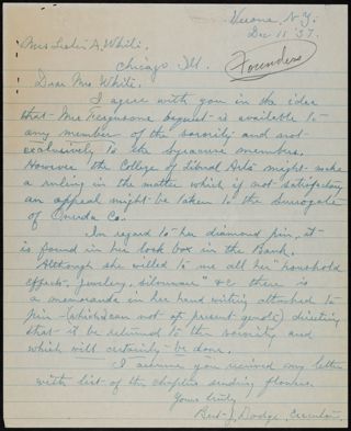 Bert J. Dodge to Mrs. White Letter, December 11, 1937