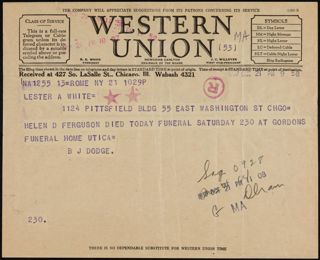 Bert J. Dodge to Mrs. White Telegram, October 21, 1937