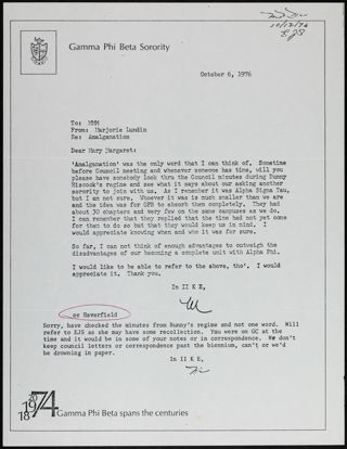 Marjorie Lundlin to Mary Margaret Moxley Letter with Note, October 6, 1976