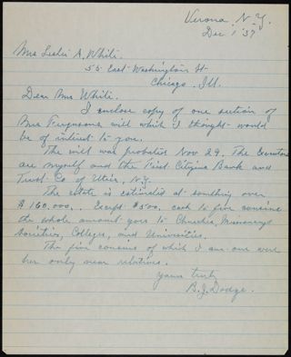 Bert J. Dodge to Mrs. White Letter, December 1, 1937