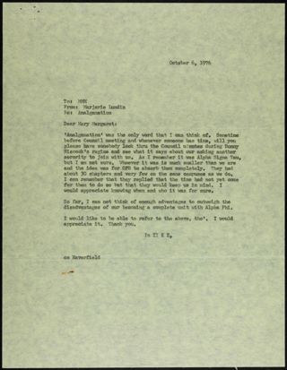Marjorie Lundlin to Mary Margaret Moxley Letter, October 6, 1976