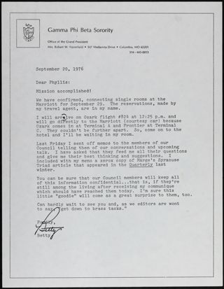 Betty Haverfield to Phyllis Selig Letter, September 20, 1976