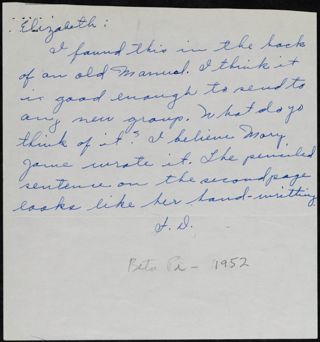 Unknown to Elizabeth Note, 1952