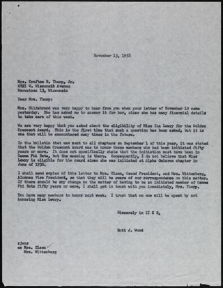 Ruth J. Wood to Mrs. Thorp Letter, November 13, 1958