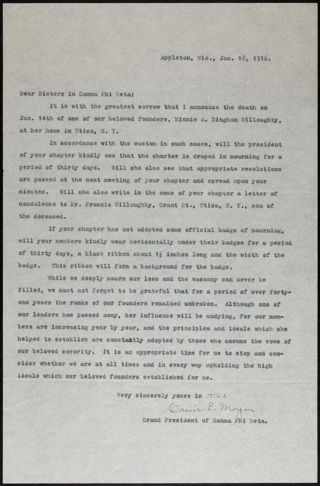 Carrie E. Morgan to Sisters in Gamma Phi Beta Letter, January 18, 1916