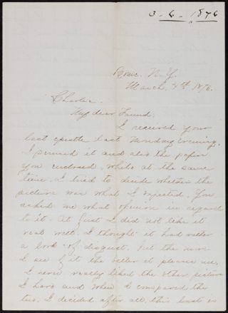 Minnie Bingham to Charlie Letter, March 4, 1876