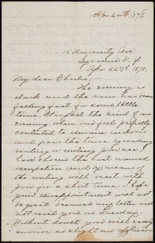 Minnie Bingham to Charlie Letter, April 22, 1878