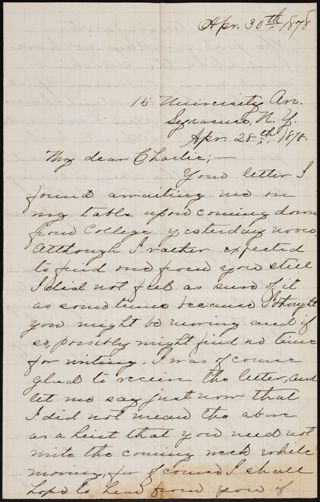 Minnie Bingham to Charlie Letter, April 28, 1878