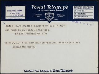 Charlotte White to Mrs. Charles Halliday Telegram, June 17, 1937