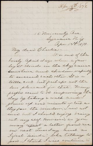 Minnie Bingham to Charlie Letter, April 14, 1878