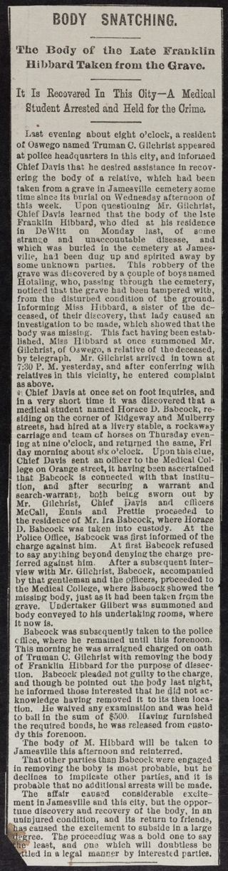 Body Snatching Newspaper Clipping, c. 1877