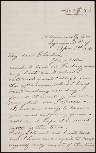 Minnie Bingham to Charlie Letter, April 7, 1878