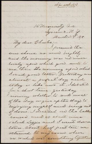 Minnie Bingham to Charlie Letter, March 31, 1878