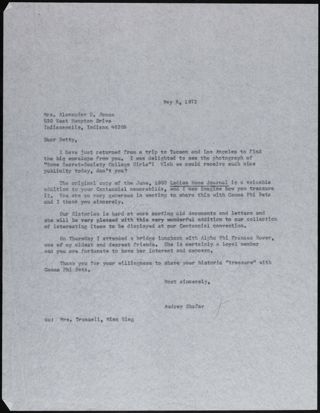Audrey Shafer to Betty Jones Letter, May 6, 1972