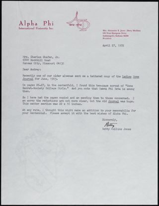 Betty Jones to Audrey Shafer Letter, April 27, 1972