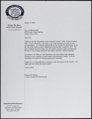 Marjory M. Shupert to Lori Biesterfeldt Letter, January 4, 2000