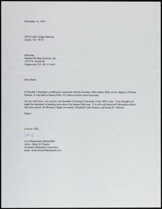 Lori Biesterfeldt to Historian Letter, December 14, 1999