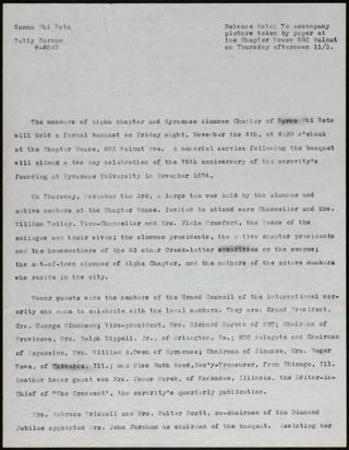 75th Anniversary Formal Banquet Press Release, November 3, 1949