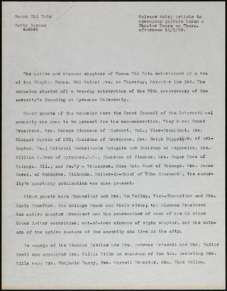75th Anniversary Tea Press Release, November 3, 1949