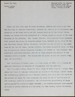75th Anniversary Plaque Dedication Press Release, November 4, 1949