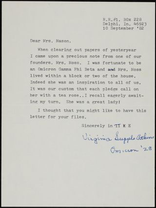 Virginia Supple Atkins to Mrs. Mason Letter, September 10, 1982