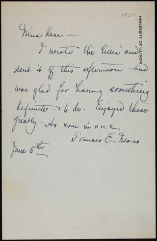 Frances E. Moss to Mira Dear Letter, June 5, 1924