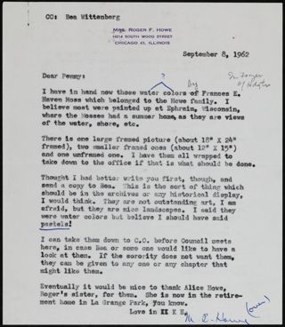 M.B. Howe to Penny Simonson Letter, September 8, 1962