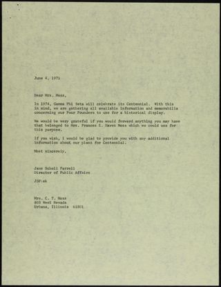Jane Scholl Farrell to Mrs. C.T. Moss Letter, June 4, 1971