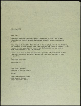 Jane Scholl Farrell to First Presbyterian Church Letter, July 26, 1971