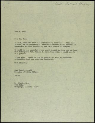 Jane Scholl Farrell to Dr. Moss Letter, June 4, 1971
