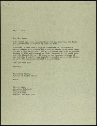 Jane Scholl Farrell to Miss Cram Letter, July 22, 1971