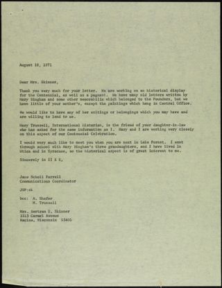 Jane Scholl Farrell to Mrs. Skinner Letter, August 18, 1971