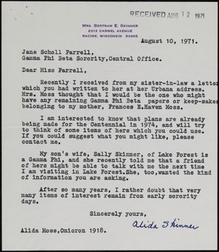 Alida Skinner to Miss Farrell Letter, August 10, 1971