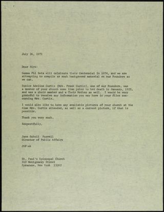 Jane Scholl Farrell to St. Paul's Episcopal Church Letter, July 26, 1971