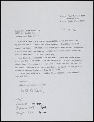 Betty Halback to Gamma Phi Beta Sorority Letter, April 14, 1940