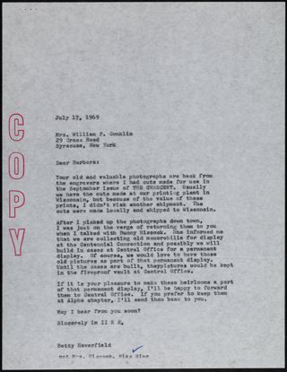 Betty Luker Haverfield to Barbara Conklin Letter, July 17, 1969