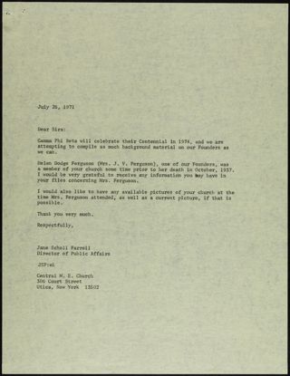 Jane Scholl Farrell to Central M. E. Church Letter, July 26, 1971