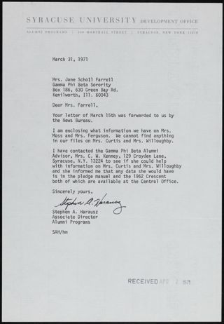 Stephen A. Harauz to Mrs. Farrell Letter, March 31, 1971