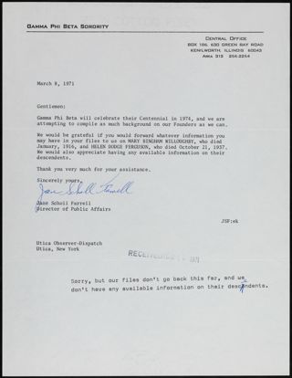 Jane Scholl Farrell to Utica Observer-Dispatch Letter, March 8, 1971